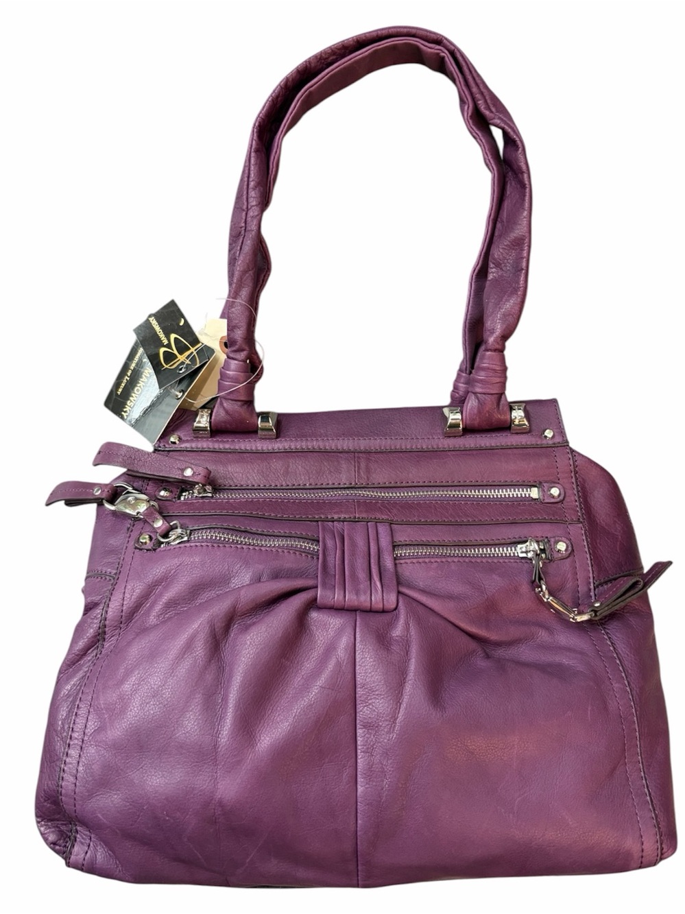 b. makowsky Plum Leather Shoulder Bag with Silver Hardware